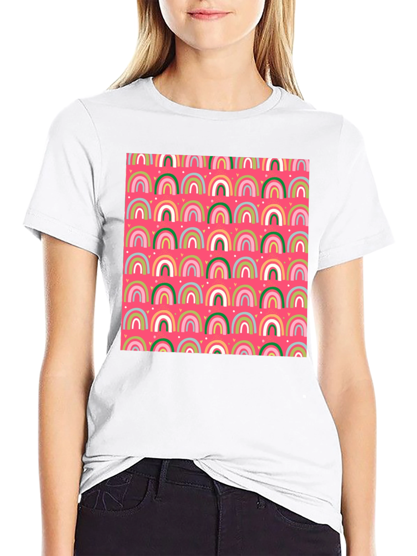 Rainbow Heart Pattern Crew Neck T-Shirt