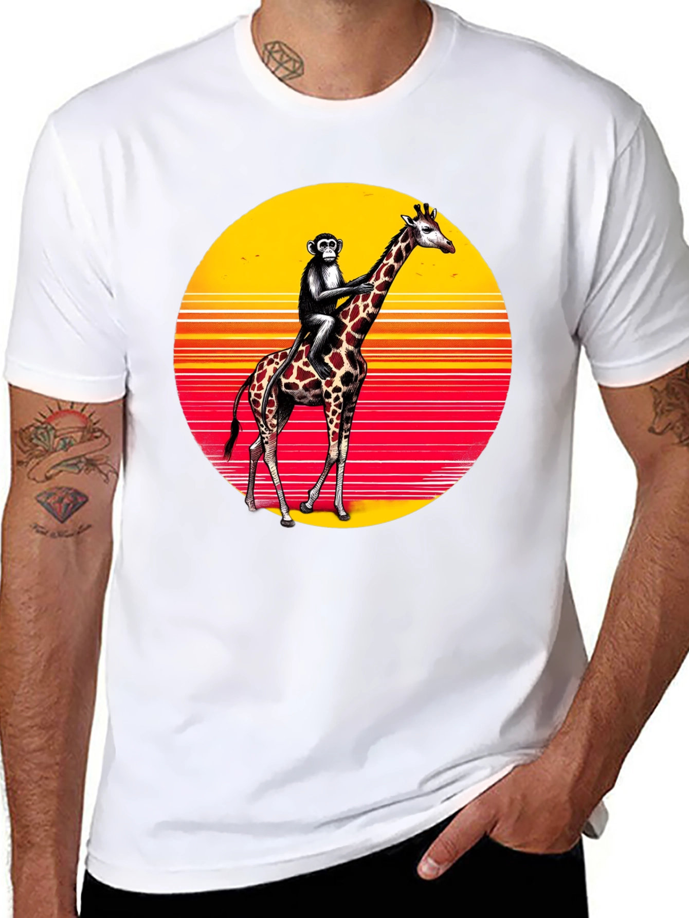 Monkey Riding Giraffe Sunset Tee