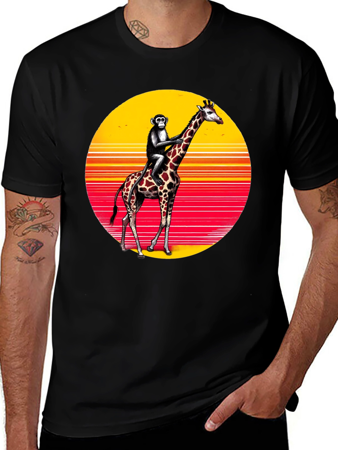 Monkey Riding Giraffe Sunset Tee