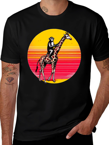 Monkey Riding Giraffe Sunset Tee