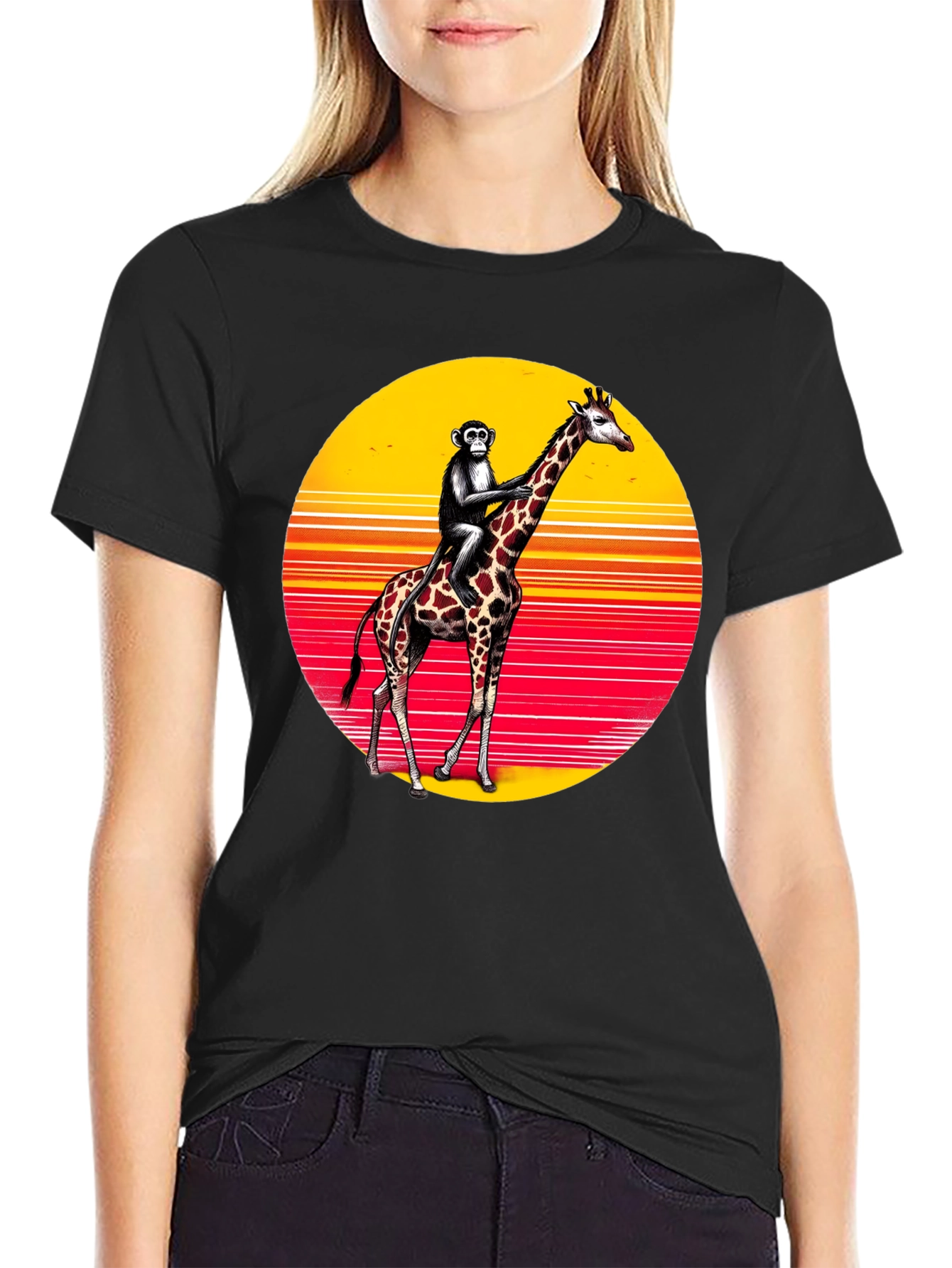 Monkey Riding Giraffe Sunset Tee