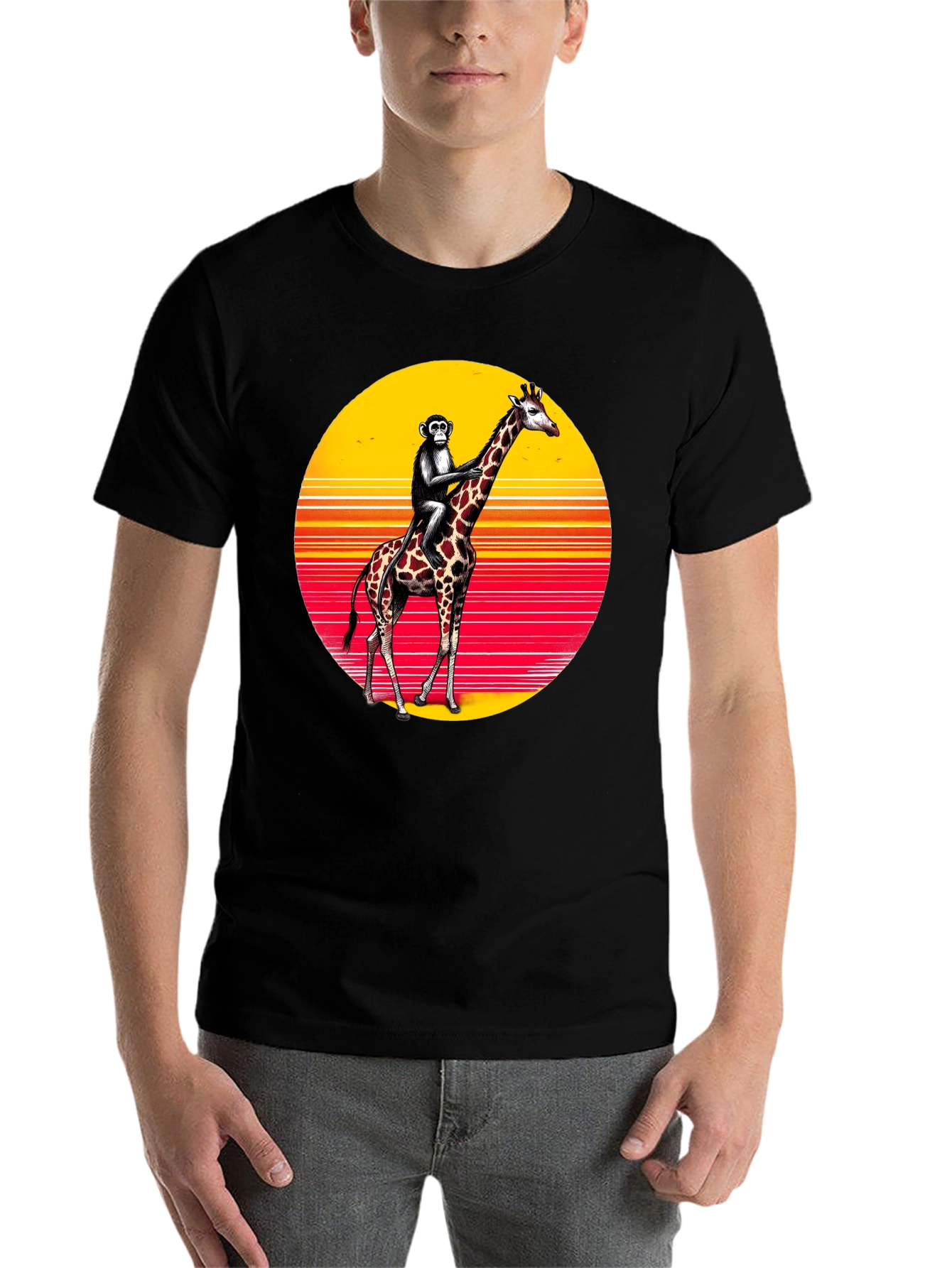Monkey Riding Giraffe Sunset Tee