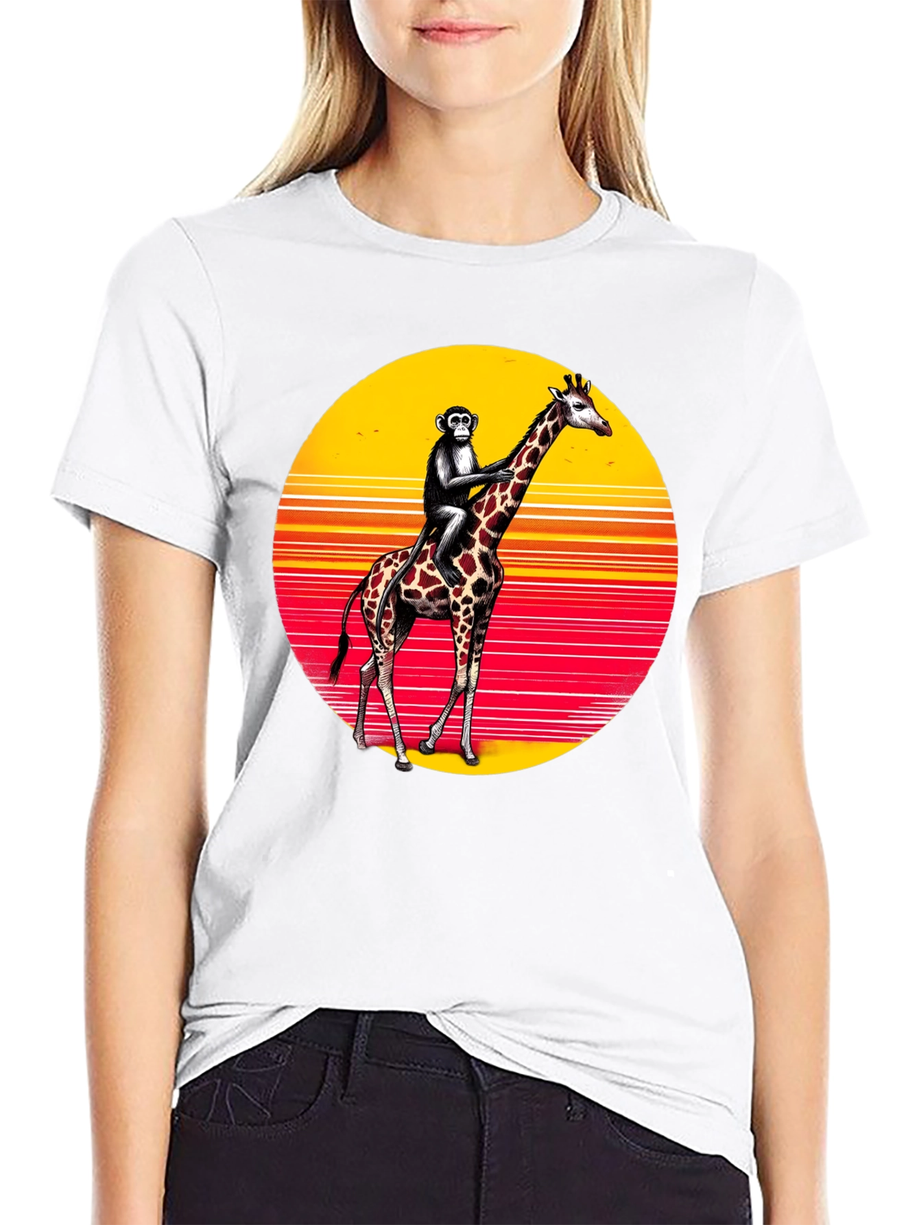 Monkey Riding Giraffe Sunset Tee
