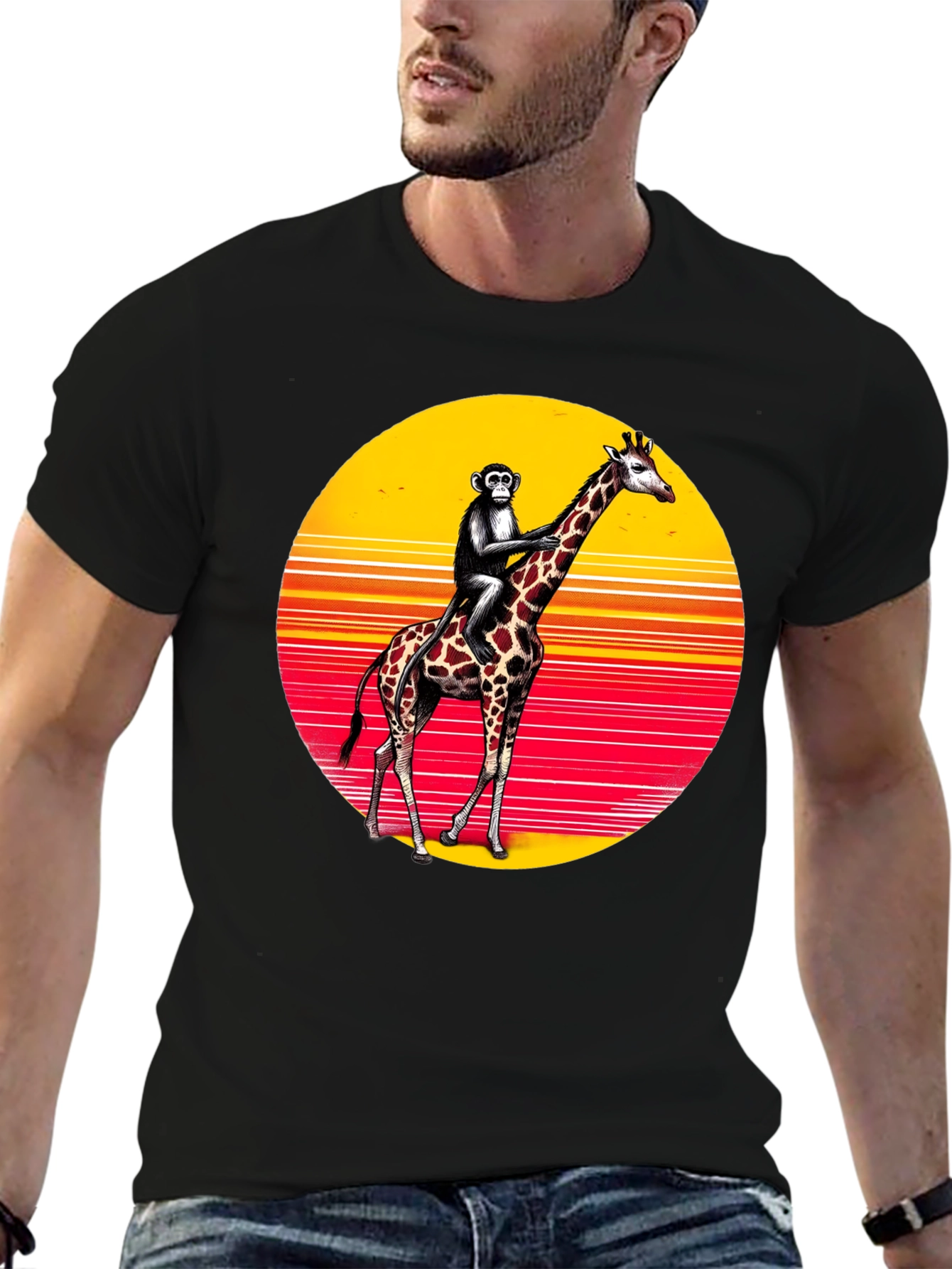 Monkey Riding Giraffe Sunset Tee