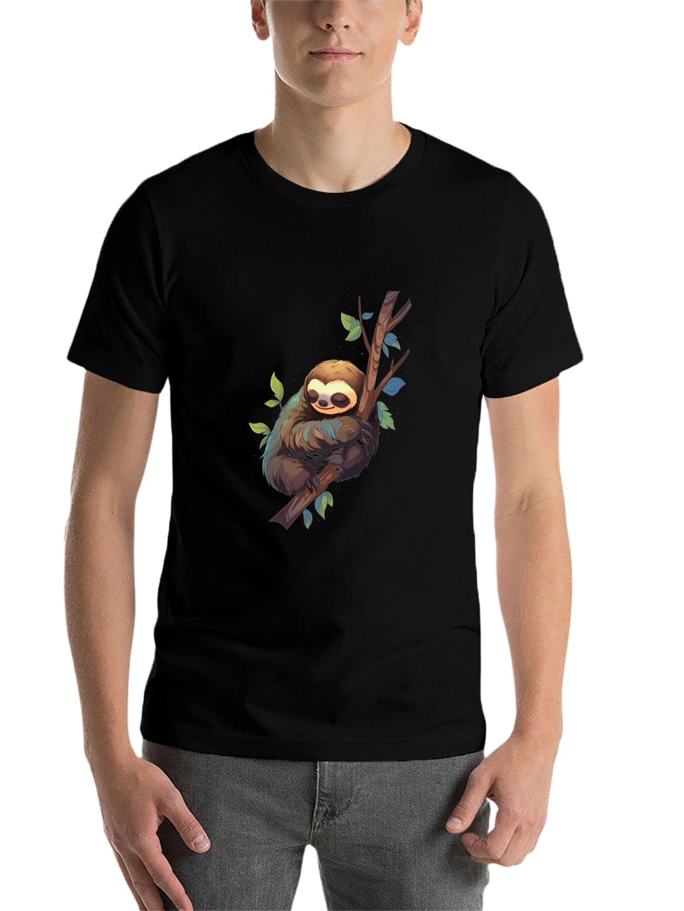 Cute Sloth on Branch Black T-Shirt