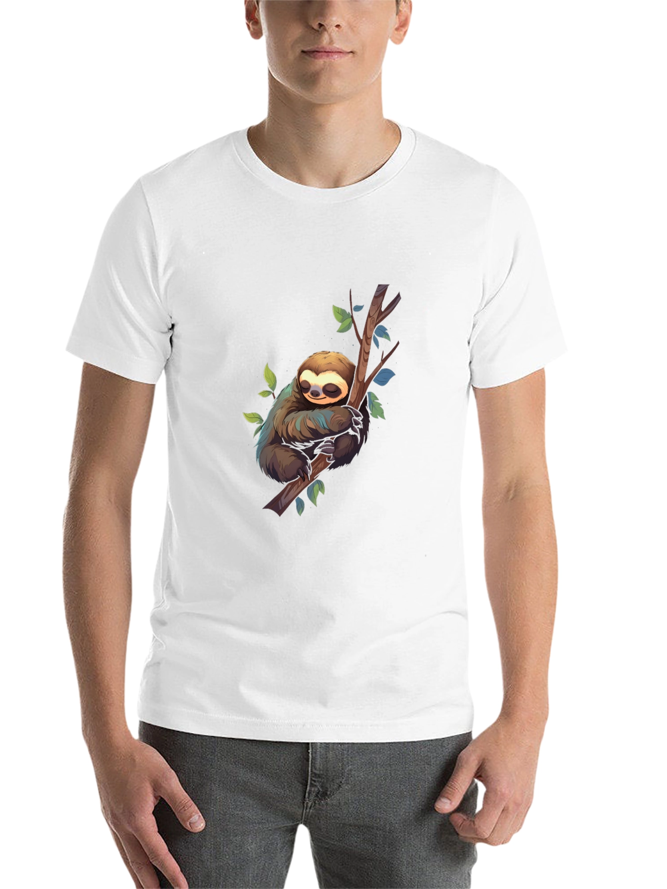 Cute Sloth on Branch Black T-Shirt
