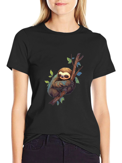 Cute Sloth on Branch Black T-Shirt