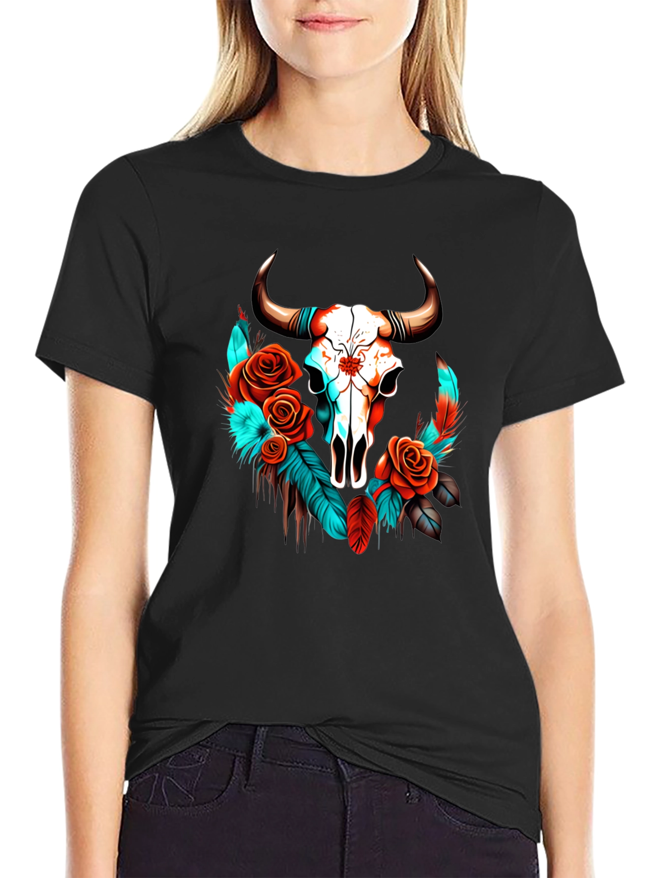 Skull & Roses Graphic Tee - Western Style
