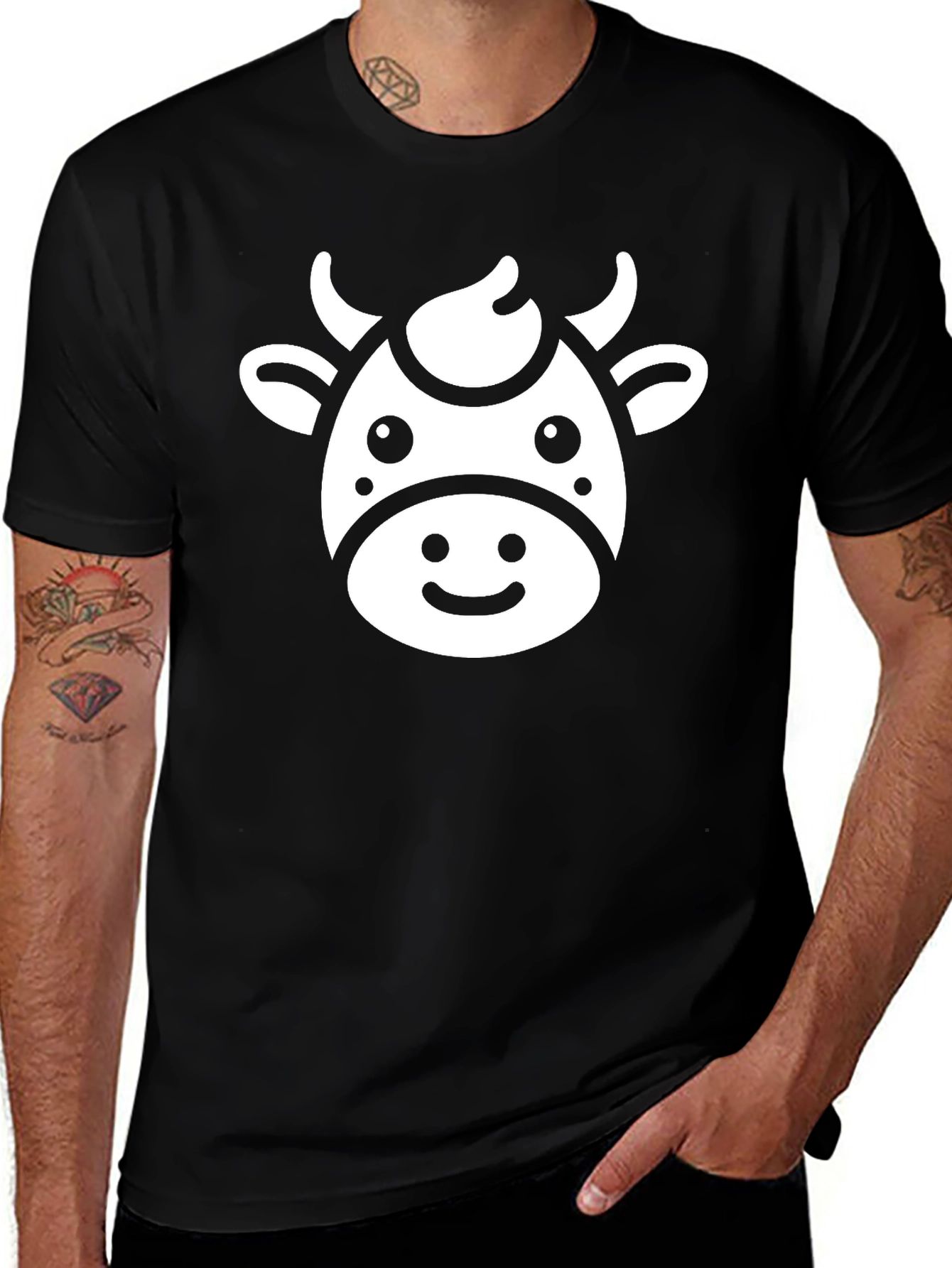 Cute Cow Graphic Tee - Black Cotton T-Shirt