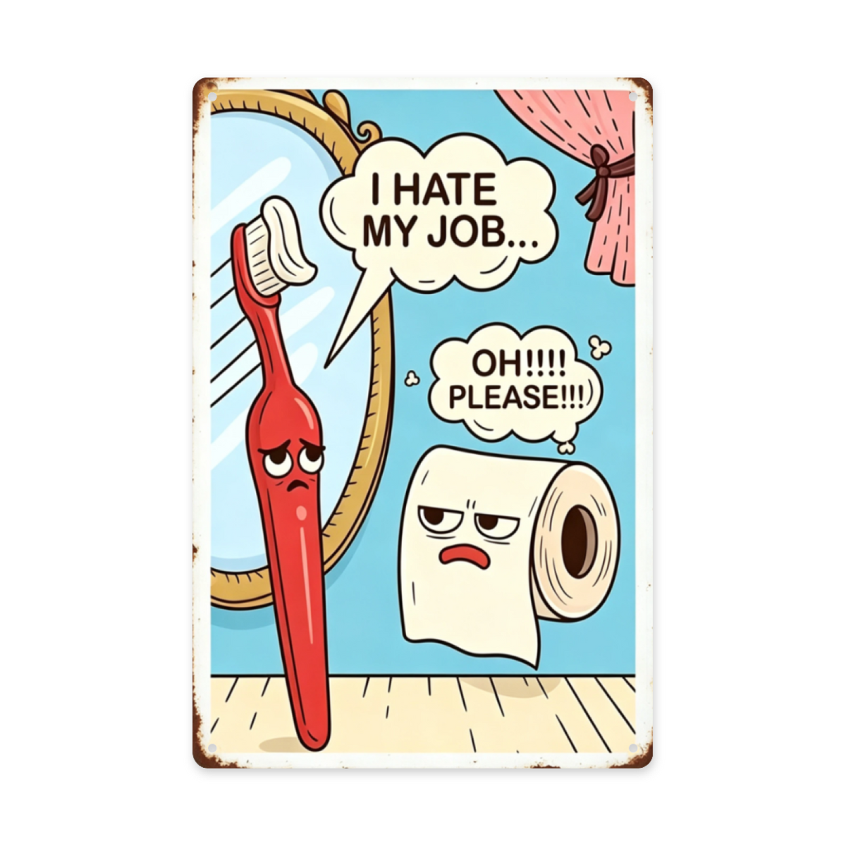 Funny Cartoon Toothbrush & Toilet Paper Bathroom Tin Plaque