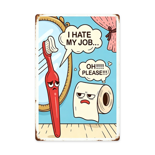 Funny Cartoon Toothbrush & Toilet Paper Bathroom Tin Plaque