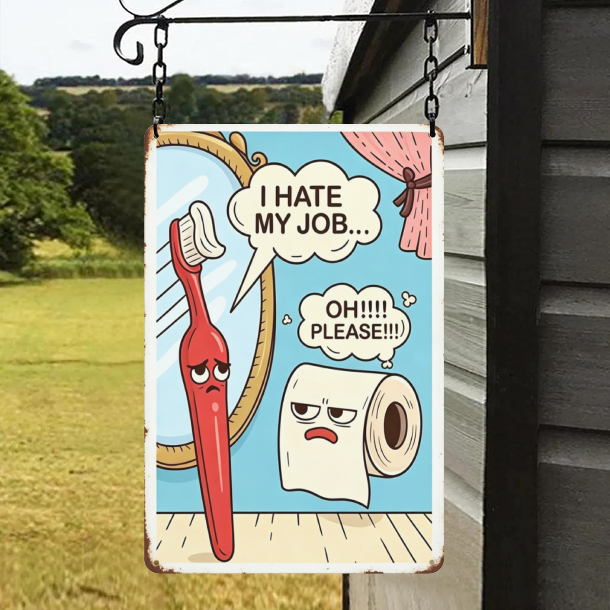 Funny Cartoon Toothbrush & Toilet Paper Bathroom Tin Plaque