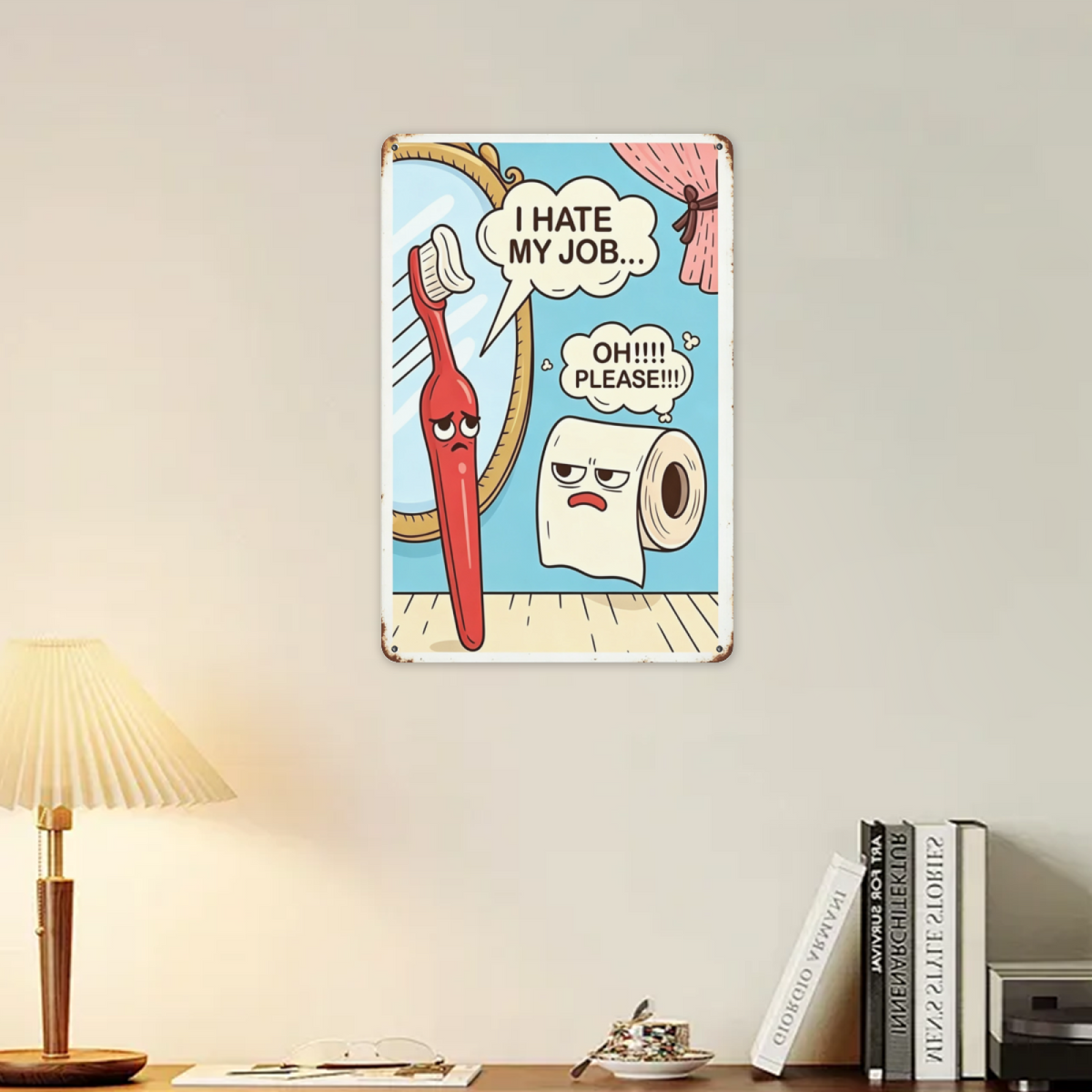 Funny Cartoon Toothbrush & Toilet Paper Bathroom Tin Plaque