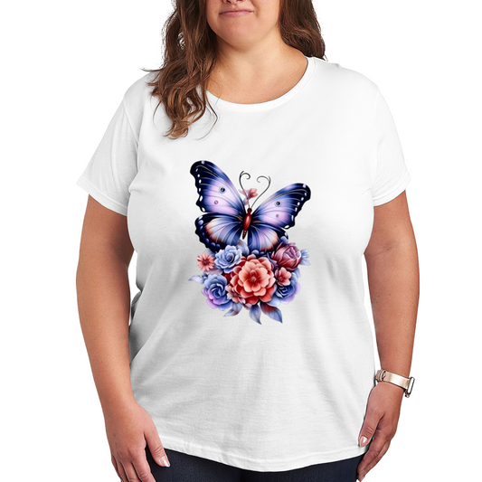 Gradient Purple Butterfly Mixed Roses Plus Size T-Shirt