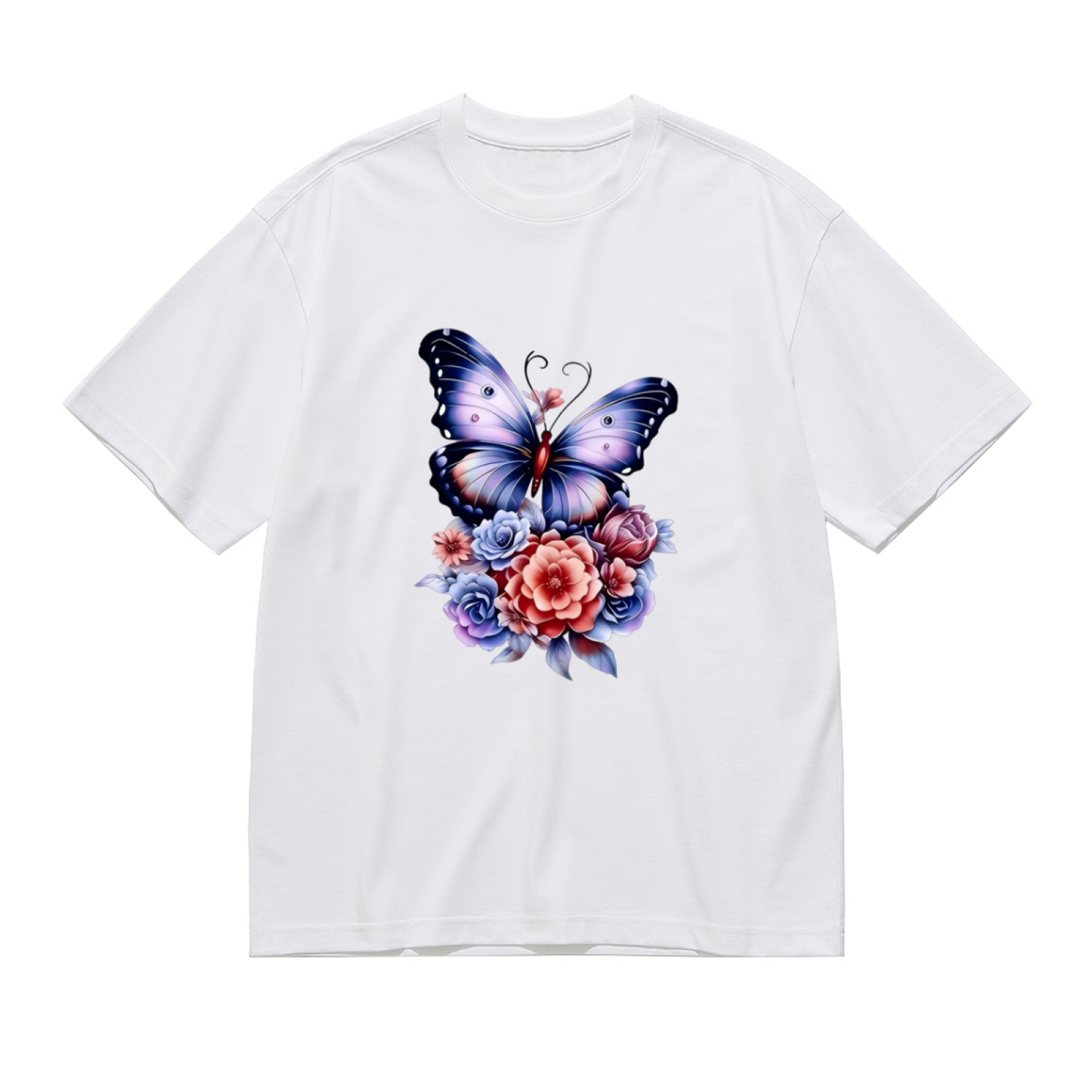 Gradient Purple Butterfly Mixed Roses Plus Size T-Shirt