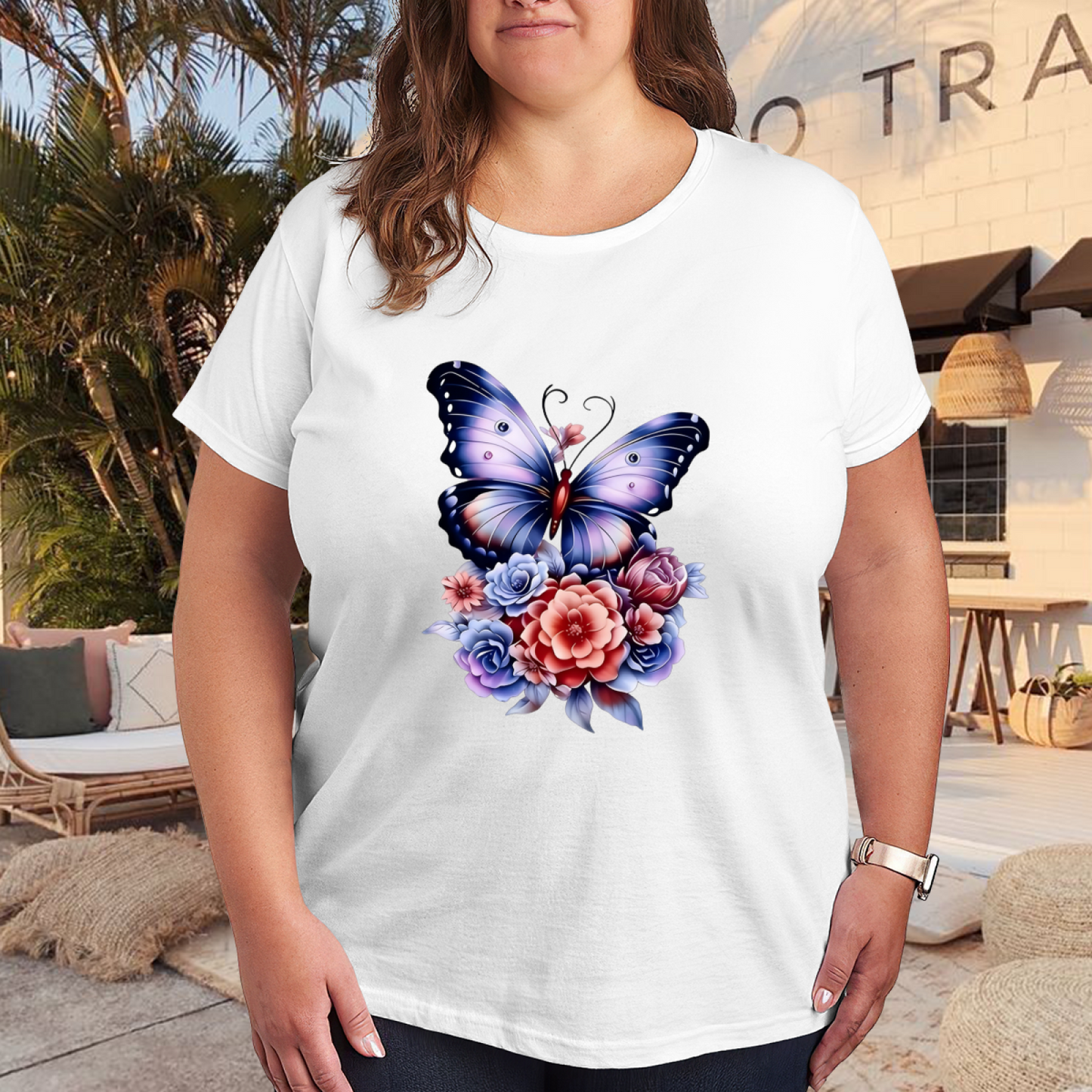 Gradient Purple Butterfly Mixed Roses Plus Size T-Shirt