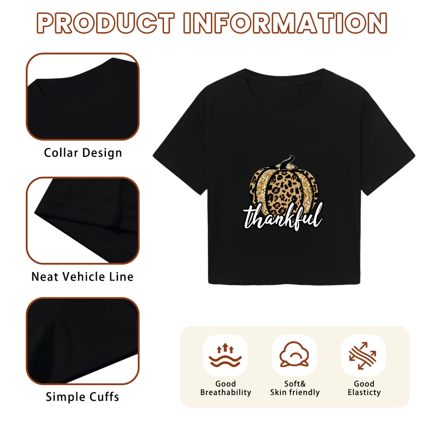 Fall Style Black Crop Top With Glitter Leopard Pumpkin & Thankful Words