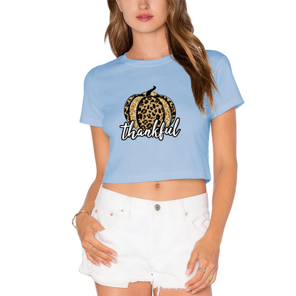 Fall Style Black Crop Top With Glitter Leopard Pumpkin & Thankful Words