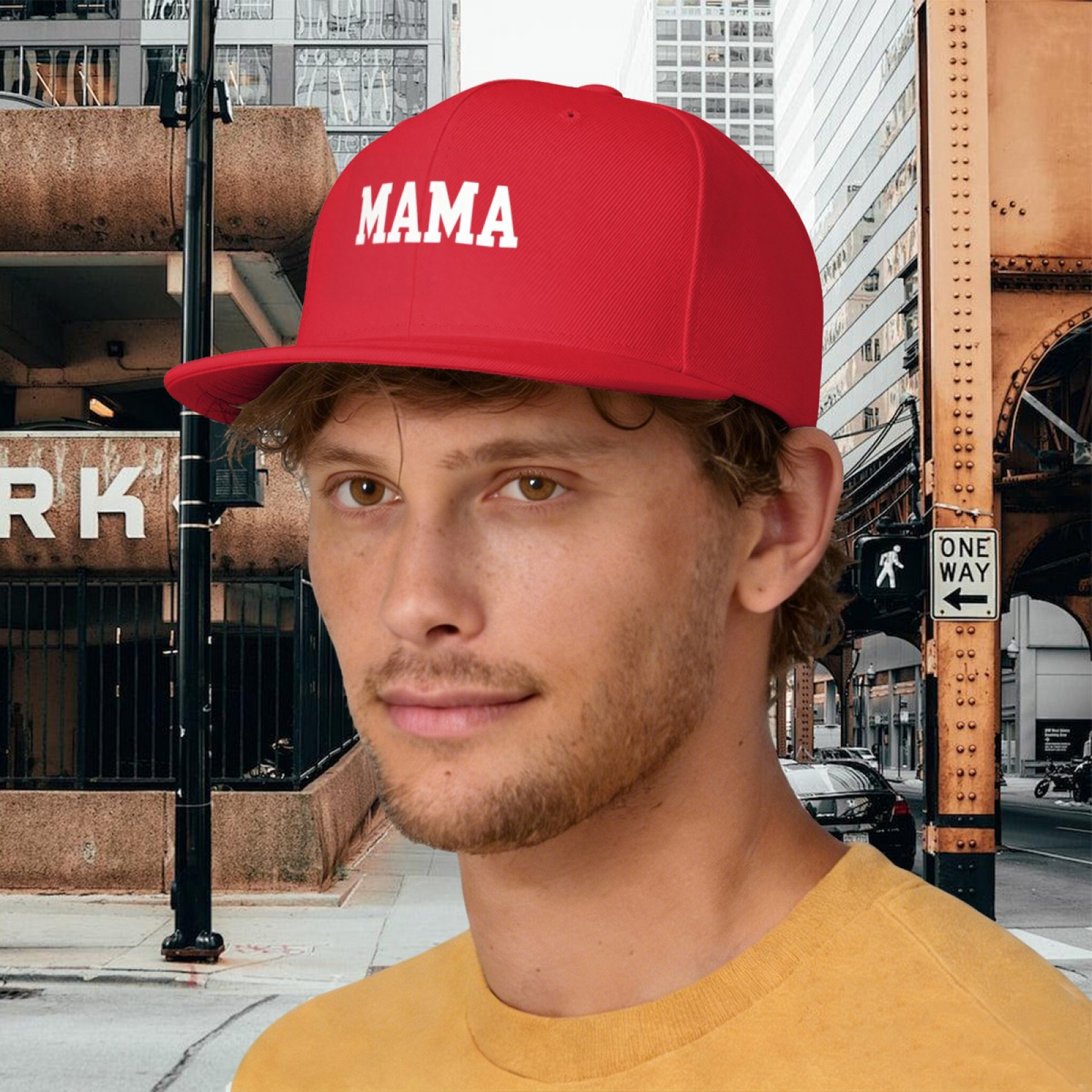 Bold MAMA Block Letter Red Flat Snapback, Mom Classic Daily Sun Hat