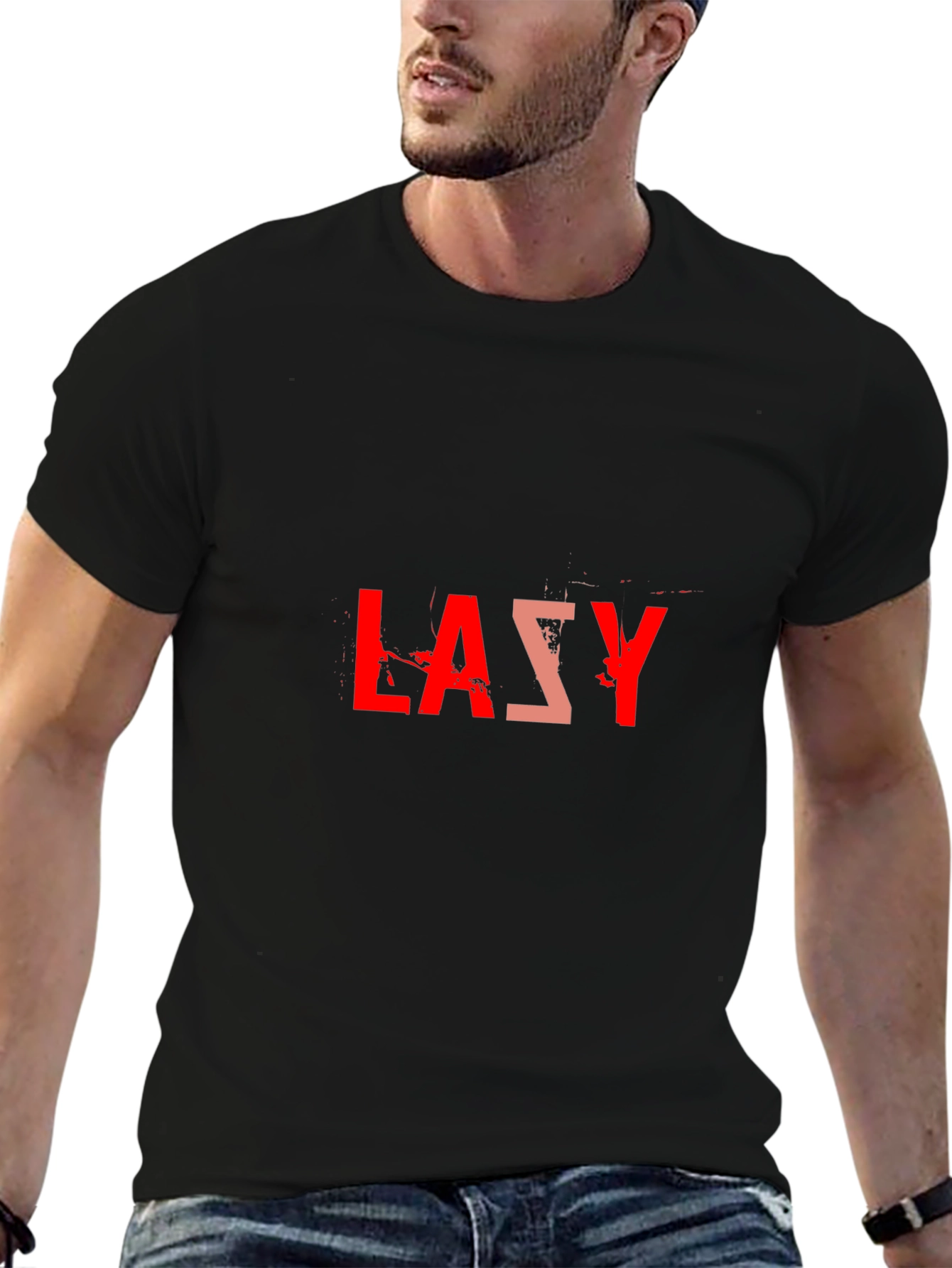 Lazy Graphic Tee - Black Cotton Blend Casual T-Shirt