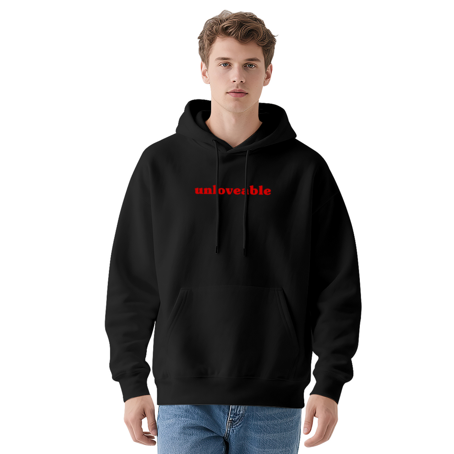Minimal unloveable Red Text White Hoodie, Trendy Soft Daily Comfort Pullover