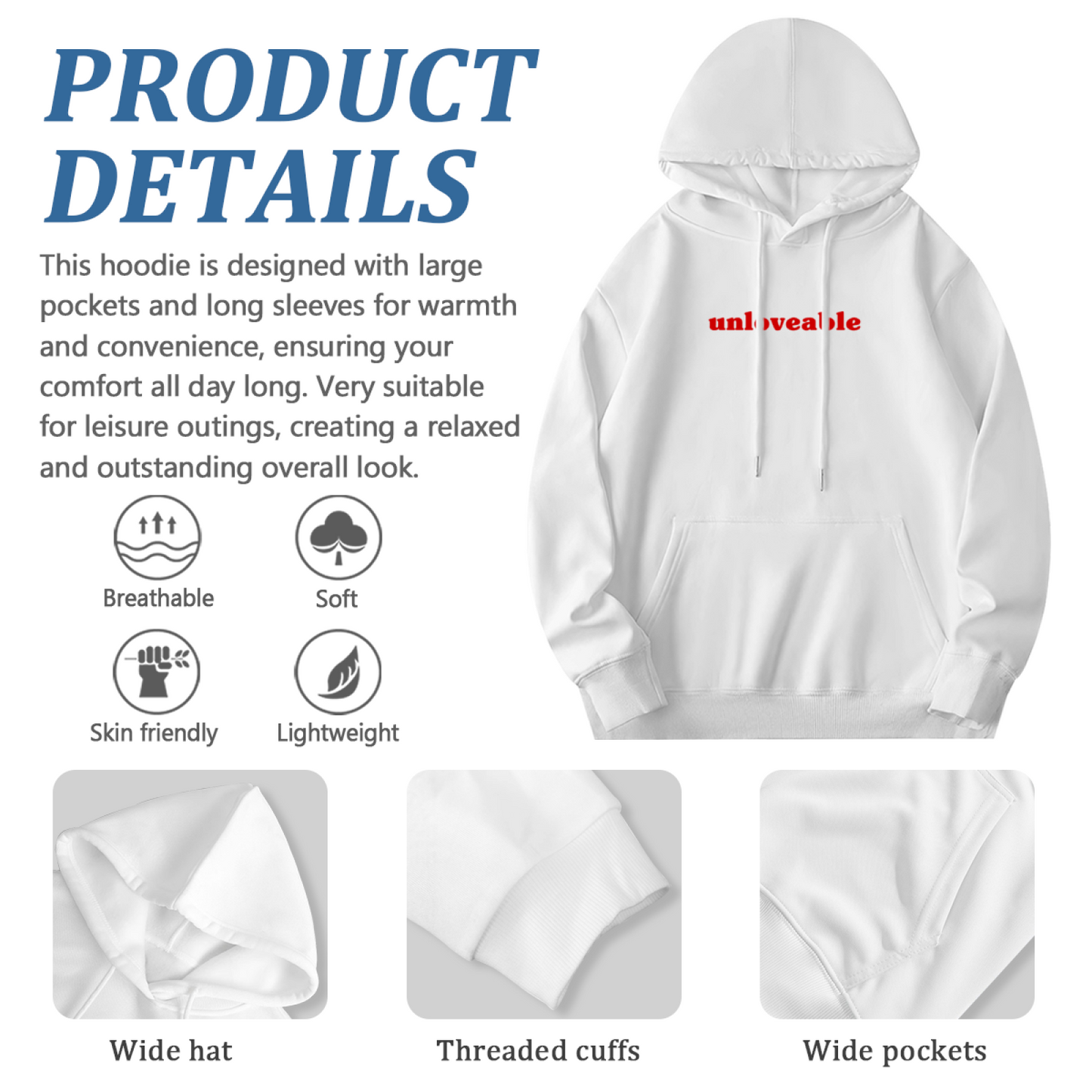 Minimal unloveable Red Text White Hoodie, Trendy Soft Daily Comfort Pullover