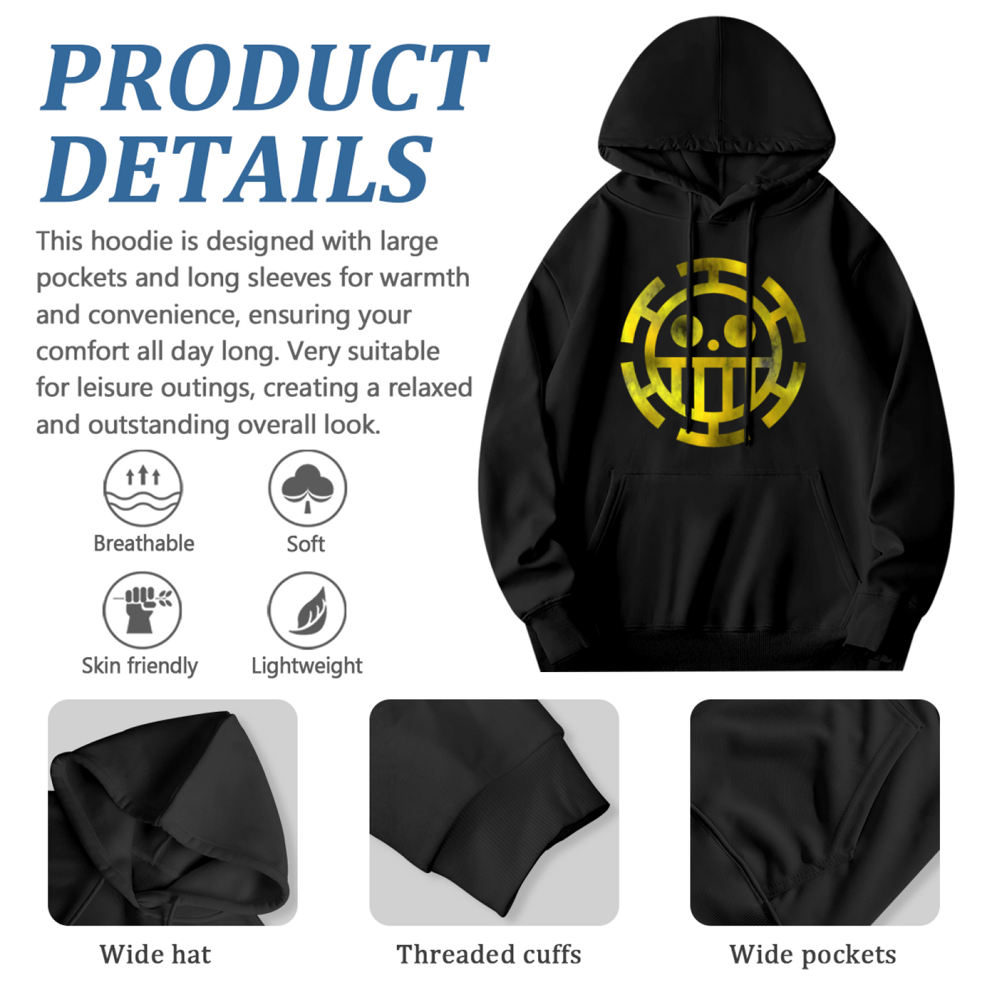 One Piece Heart Pirates Logo Cozy Hoodie, Unisex Anime Streetwear