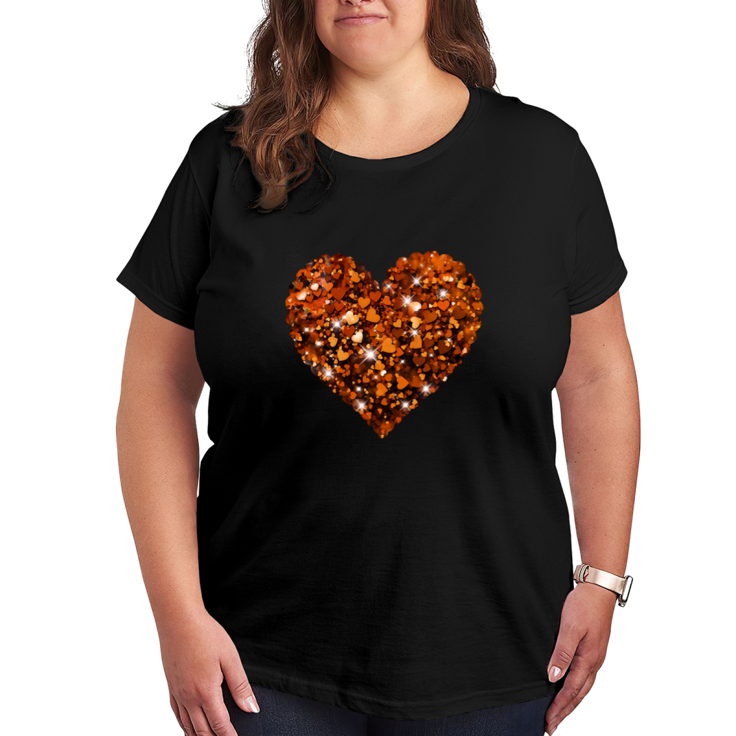 Sparkling Glitter Orange Heart Shiny Cute Plus Size Women Graphic Print T-Shirt
