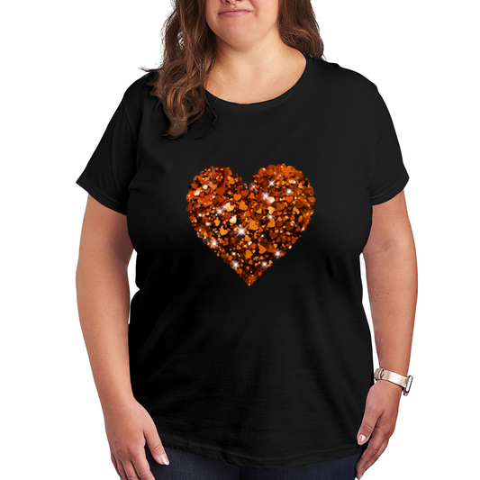 Sparkling Glitter Orange Heart Shiny Cute Plus Size Women Graphic Print T-Shirt