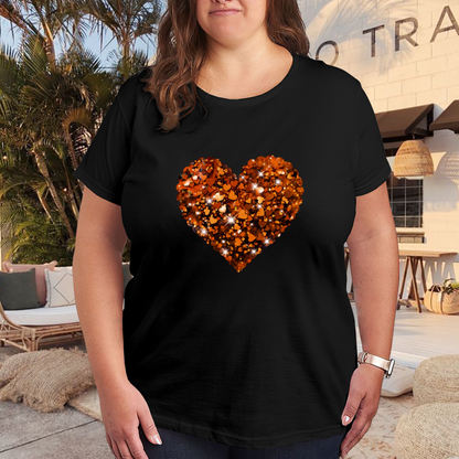 Sparkling Glitter Orange Heart Shiny Cute Plus Size Women Graphic Print T-Shirt