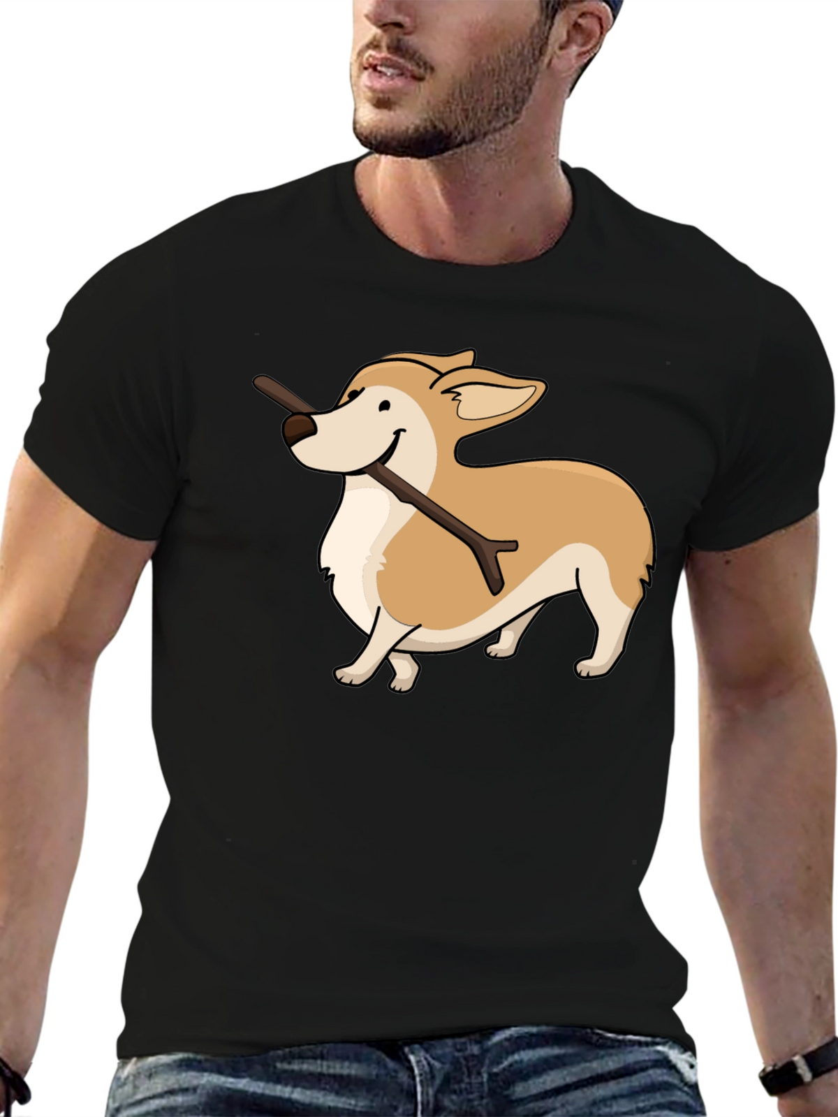 Corgi With Stick Graphic T-Shirt
