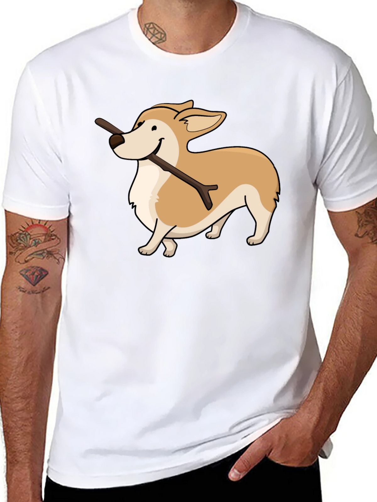 Corgi With Stick Graphic T-Shirt