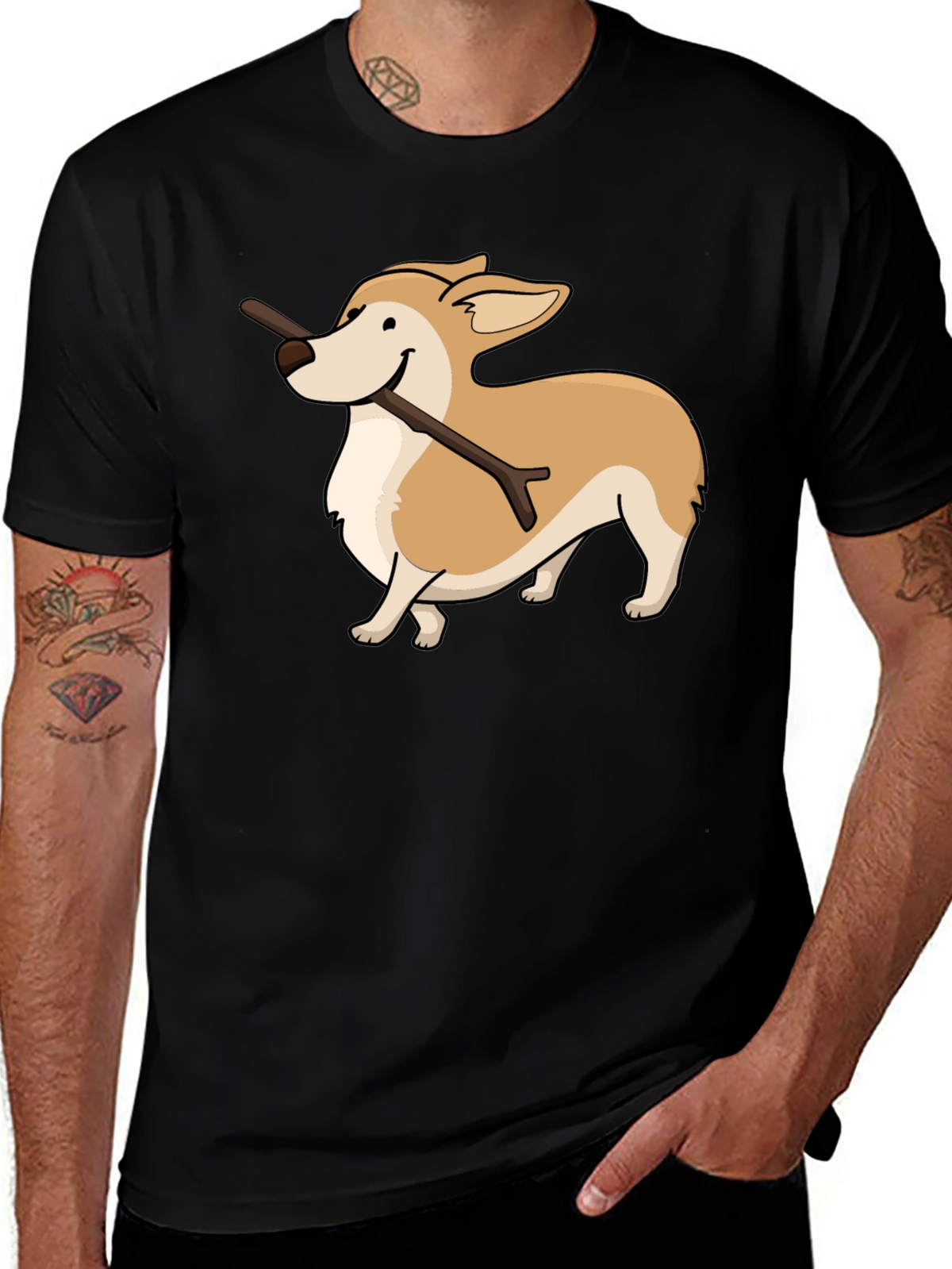 Corgi With Stick Graphic T-Shirt
