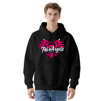 Palm Angels Pink Wing Graffiti Black Hoodie, Relaxed Street Style Sweatshirt