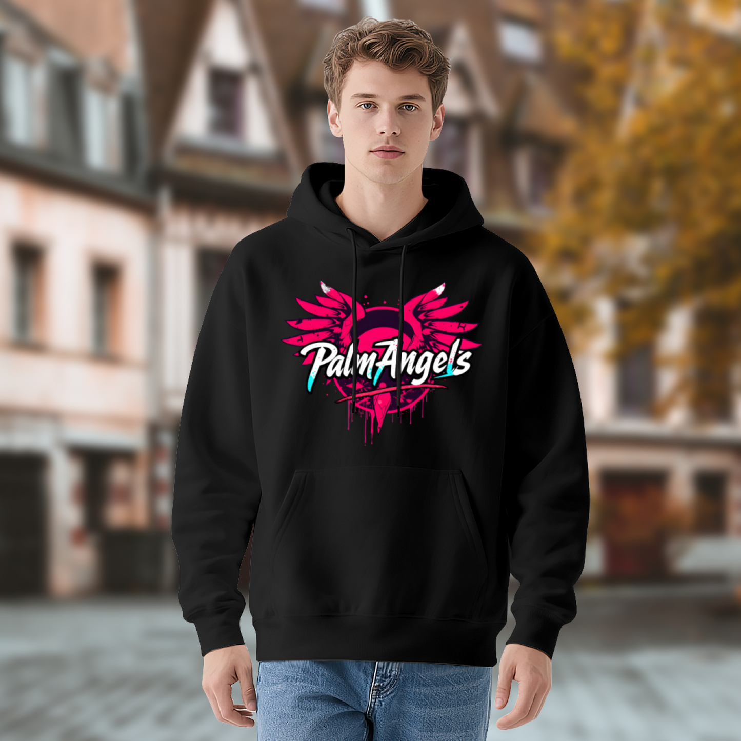 Palm Angels Pink Wing Graffiti Black Hoodie, Relaxed Street Style Sweatshirt