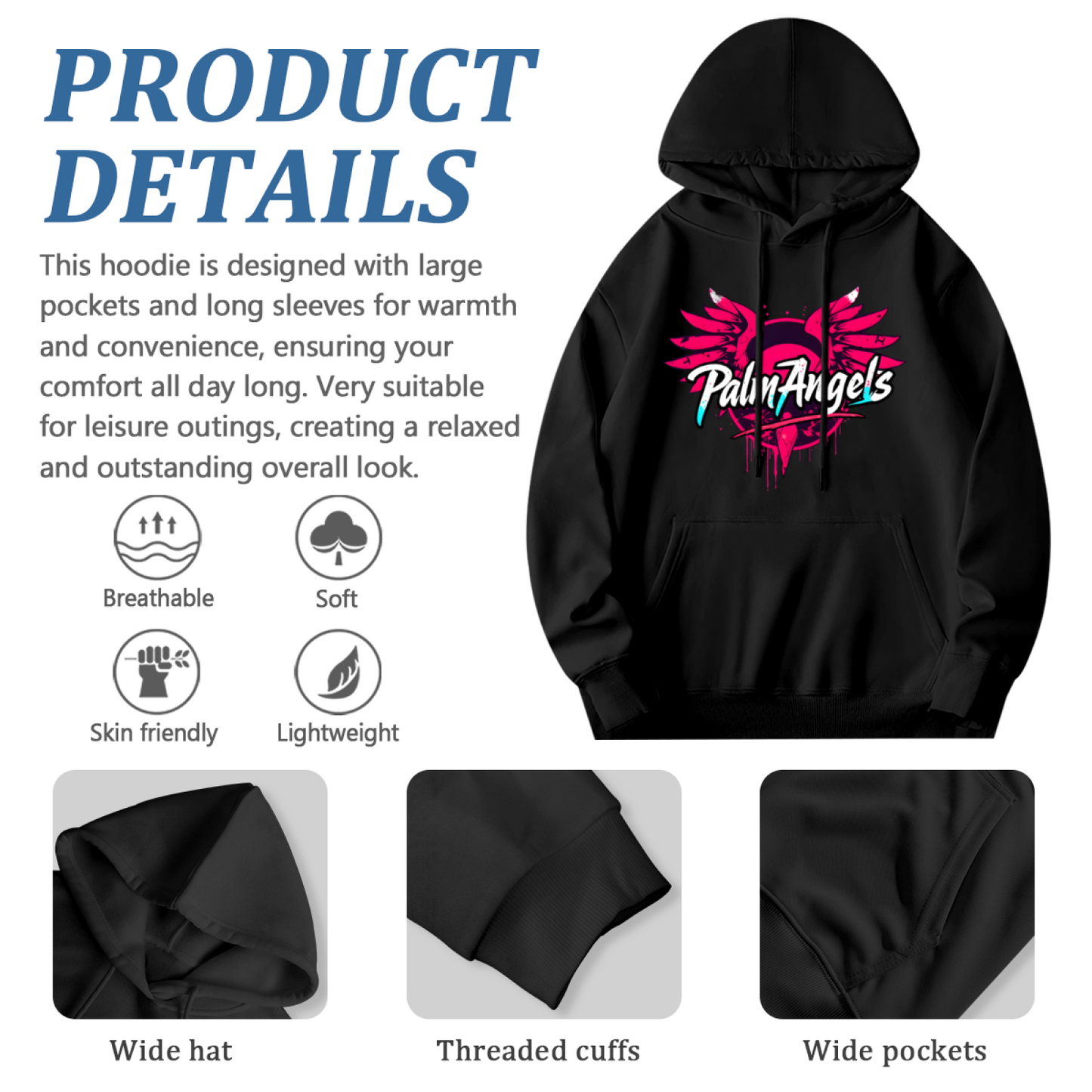 Palm Angels Pink Wing Graffiti Black Hoodie, Relaxed Street Style Sweatshirt