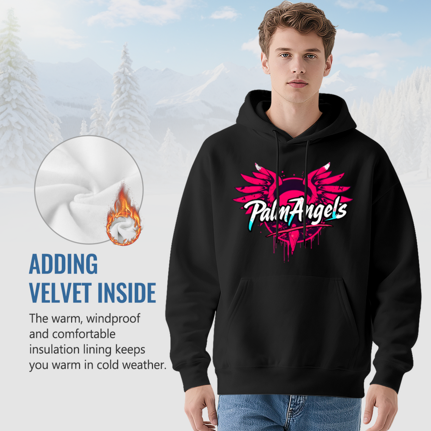 Palm Angels Pink Wing Graffiti Black Hoodie, Relaxed Street Style Sweatshirt