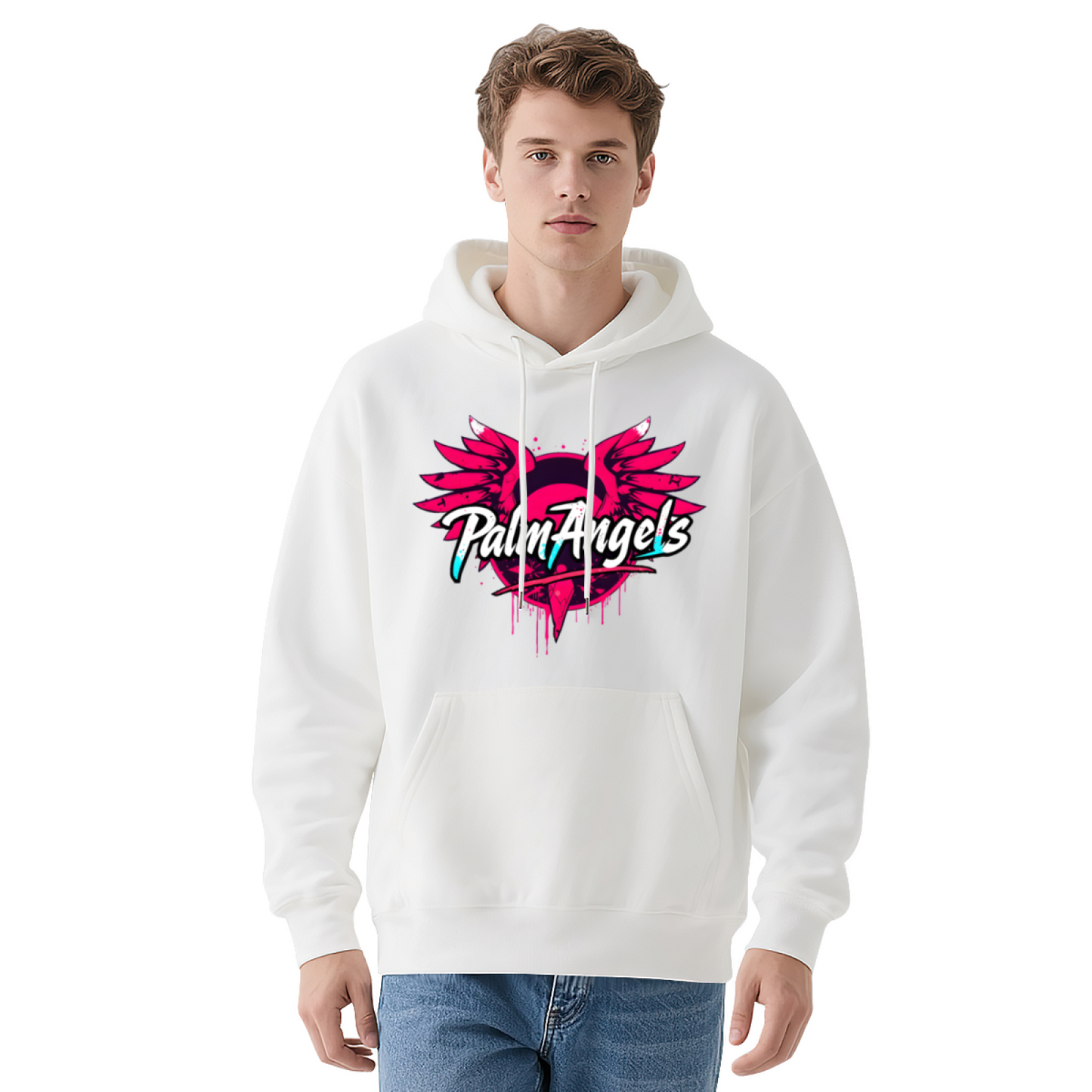 Palm Angels Pink Wing Graffiti Black Hoodie, Relaxed Street Style Sweatshirt