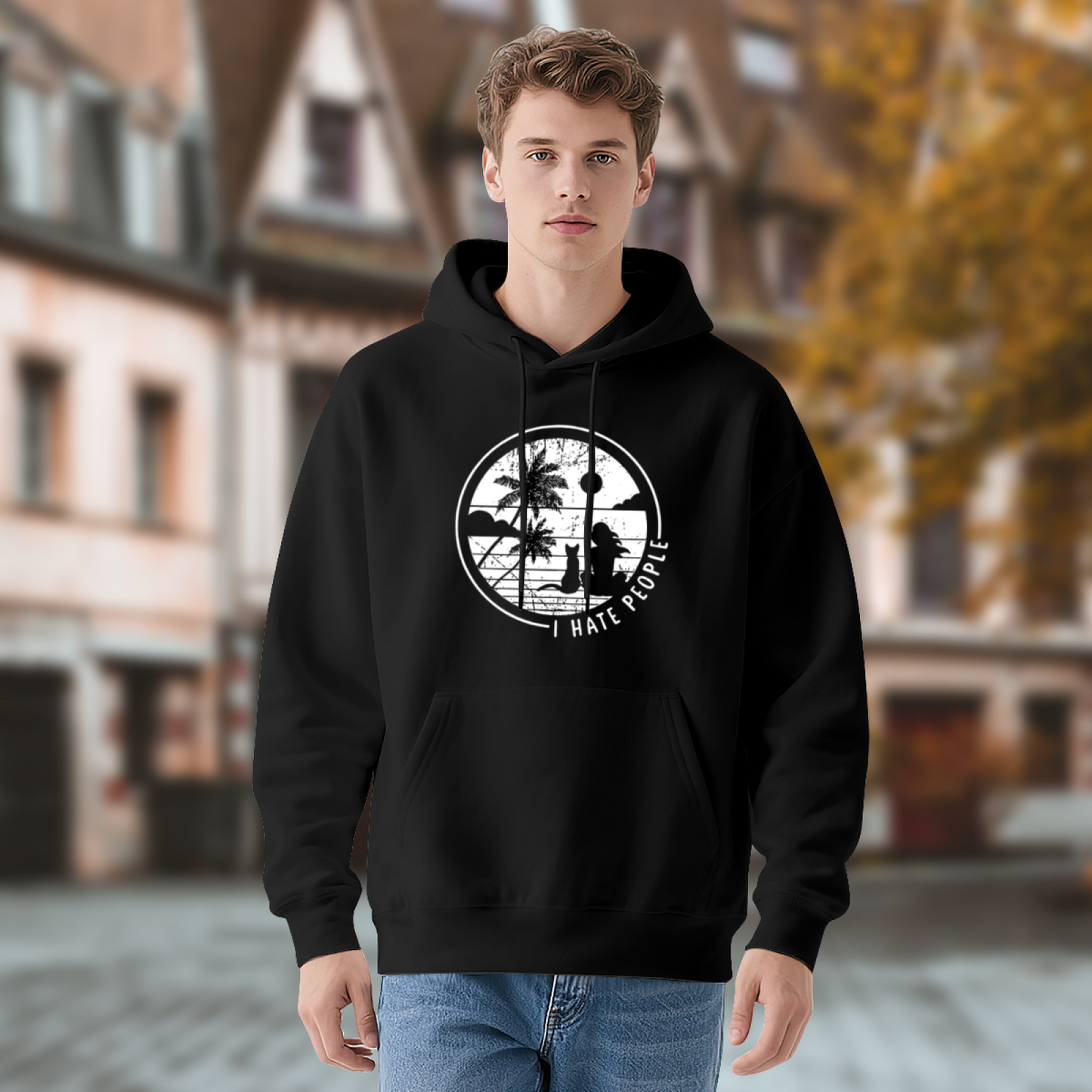 Vintage Sunset Cat I Hate People Hoodie, Chill Casual Comfort