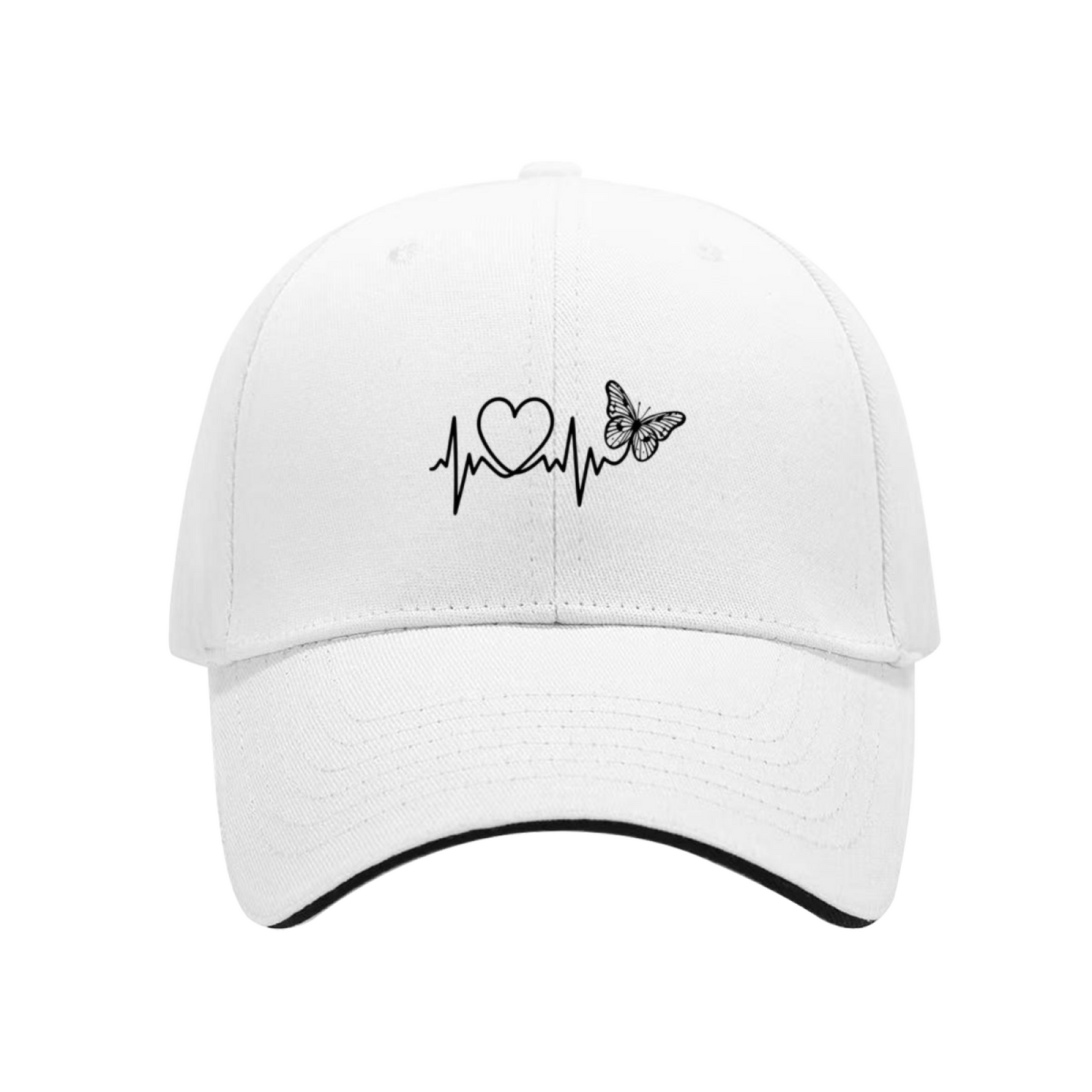 Heartbeat Heart & Butterfly Line Art White Sandwich Visor Baseball Cap, Romantic Women Hat