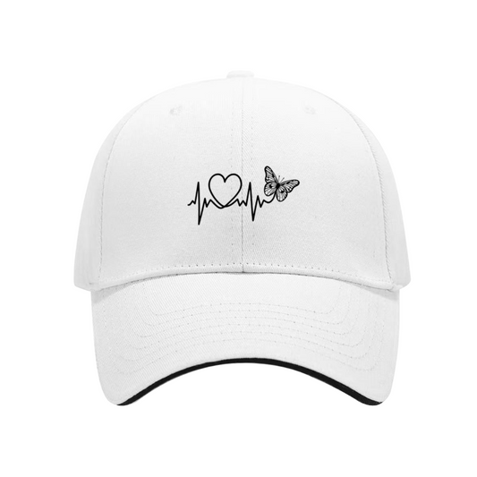 Heartbeat Heart & Butterfly Line Art White Sandwich Visor Baseball Cap, Romantic Women Hat