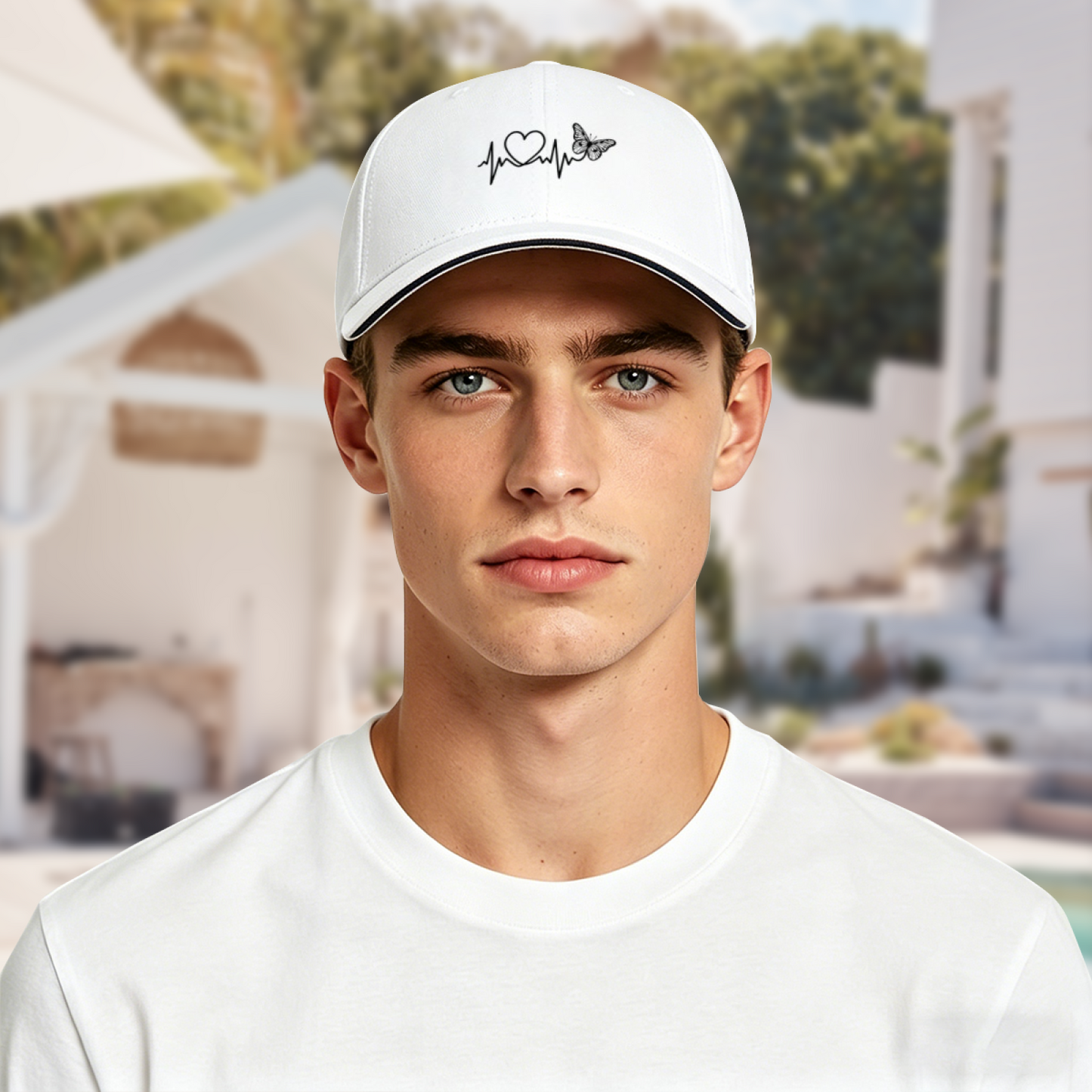 Heartbeat Heart & Butterfly Line Art White Sandwich Visor Baseball Cap, Romantic Women Hat