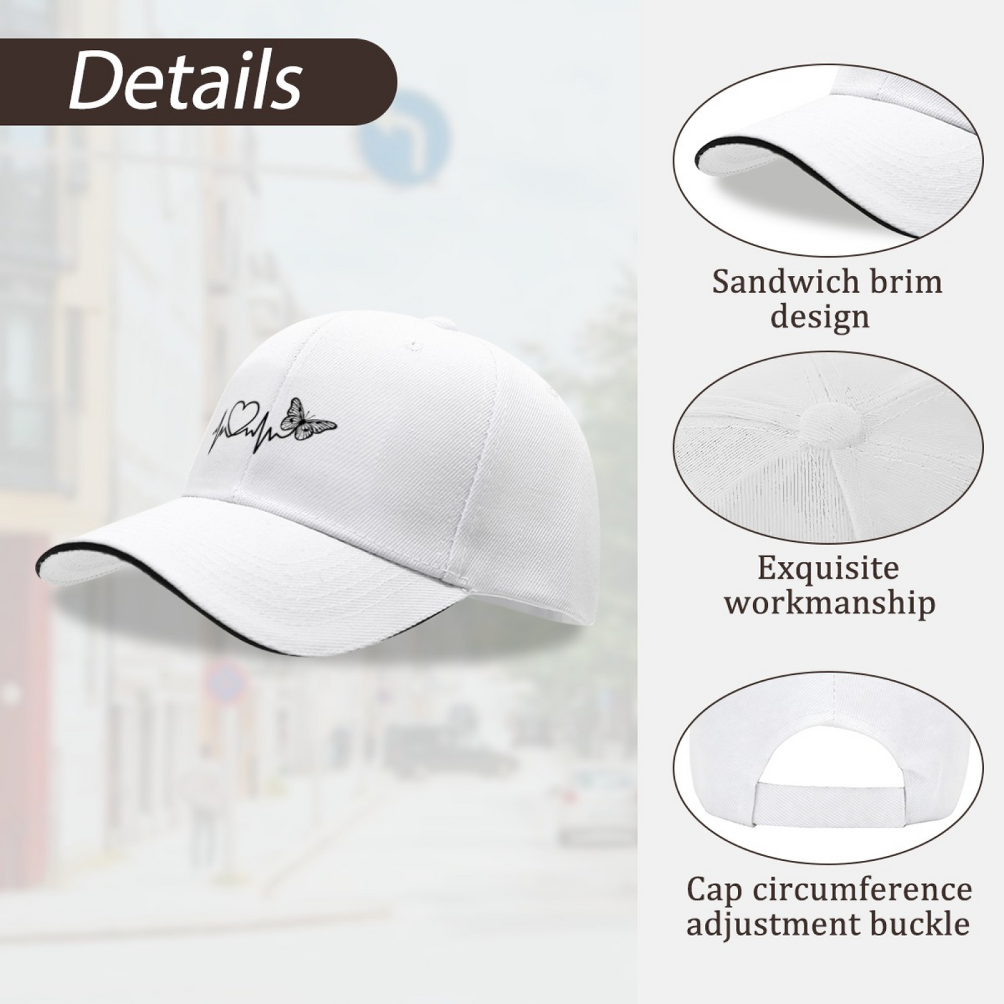 Heartbeat Heart & Butterfly Line Art White Sandwich Visor Baseball Cap, Romantic Women Hat