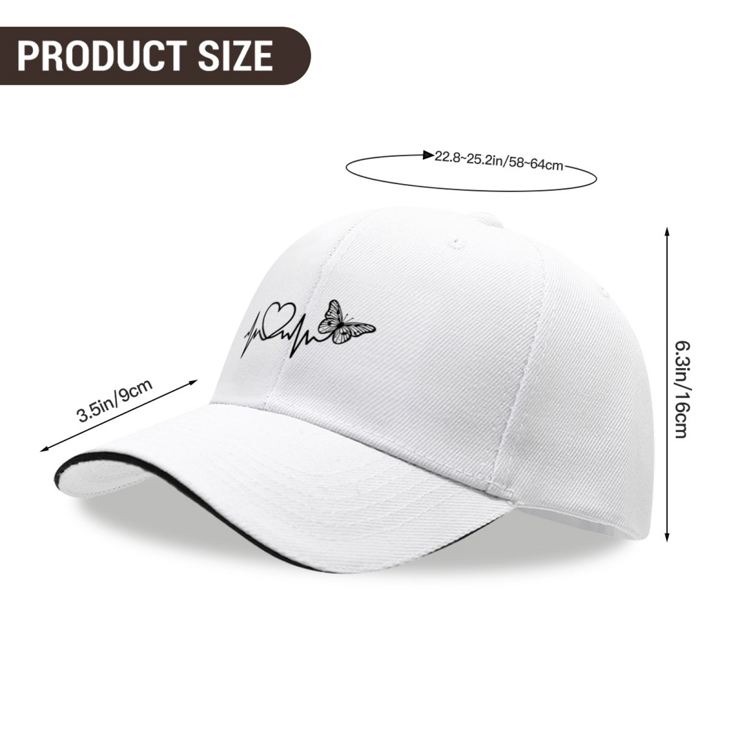 Heartbeat Heart & Butterfly Line Art White Sandwich Visor Baseball Cap, Romantic Women Hat