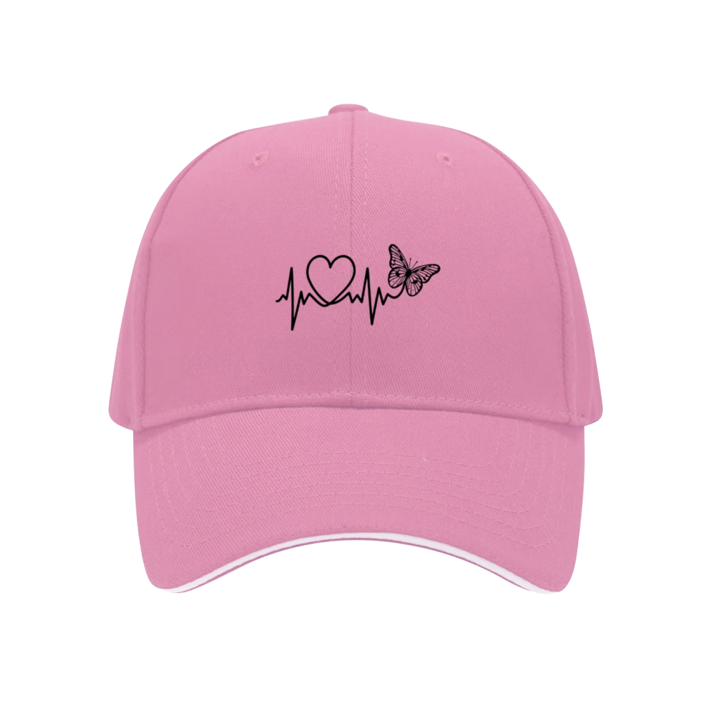 Heartbeat Heart & Butterfly Line Art White Sandwich Visor Baseball Cap, Romantic Women Hat