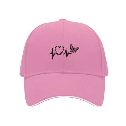 Heartbeat Heart & Butterfly Line Art White Sandwich Visor Baseball Cap, Romantic Women Hat