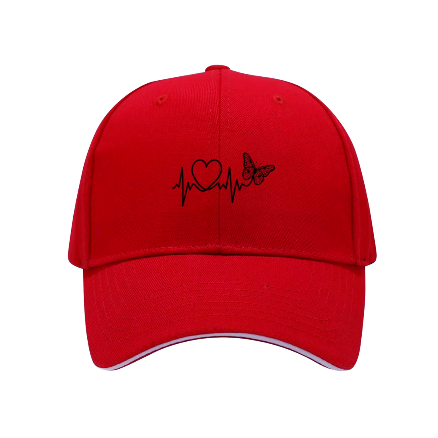 Heartbeat Heart & Butterfly Line Art White Sandwich Visor Baseball Cap, Romantic Women Hat