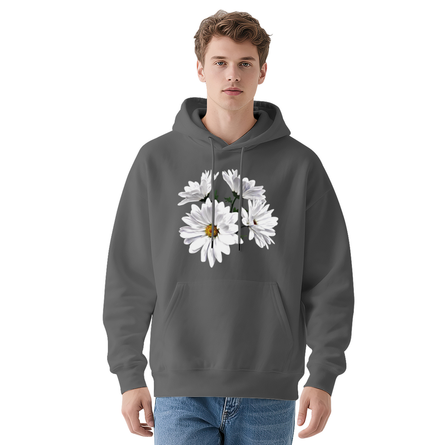 Fresh White Daisy Floral Red Hoodie, Unisex Soft Romantic Casual Sweatshirt
