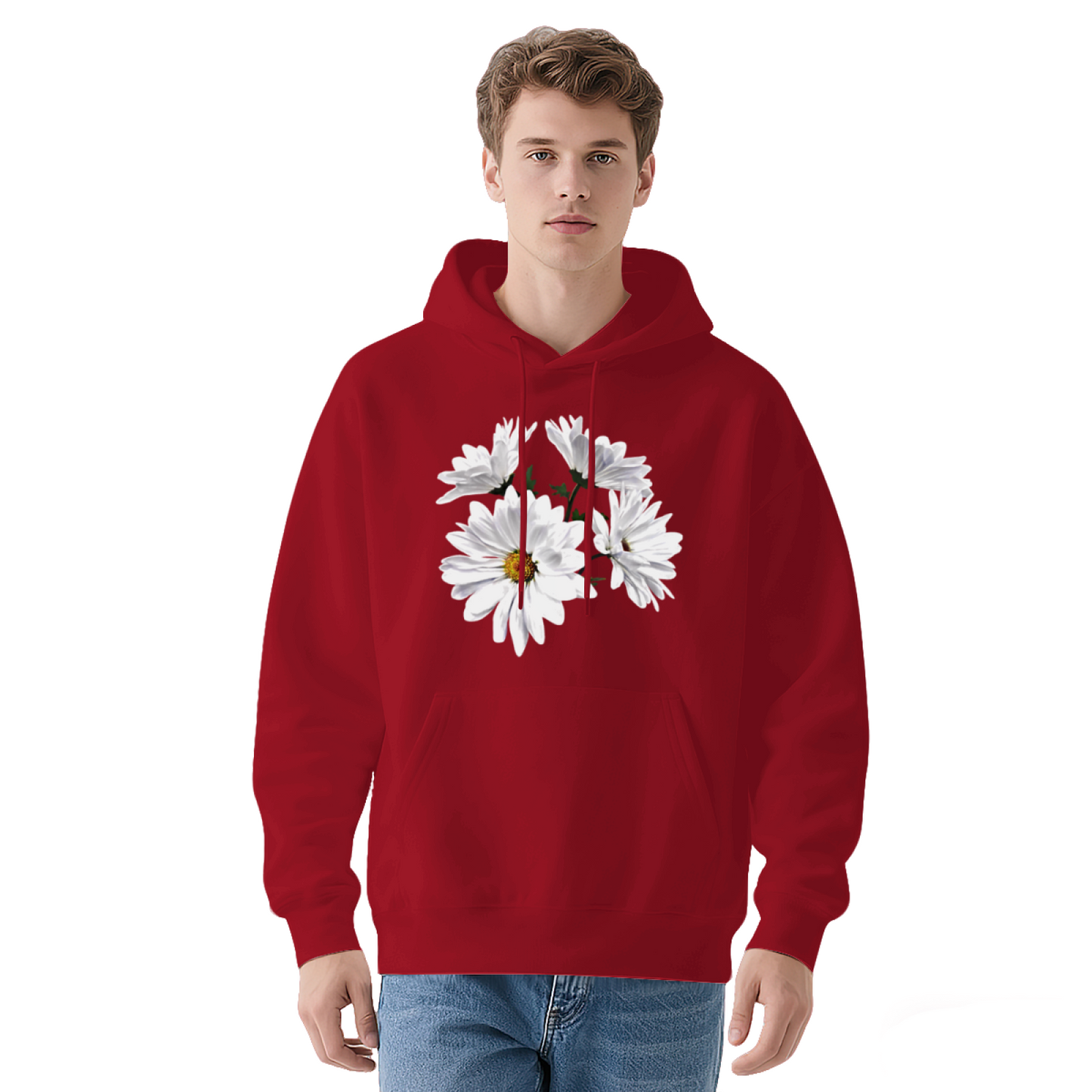 Fresh White Daisy Floral Red Hoodie, Unisex Soft Romantic Casual Sweatshirt