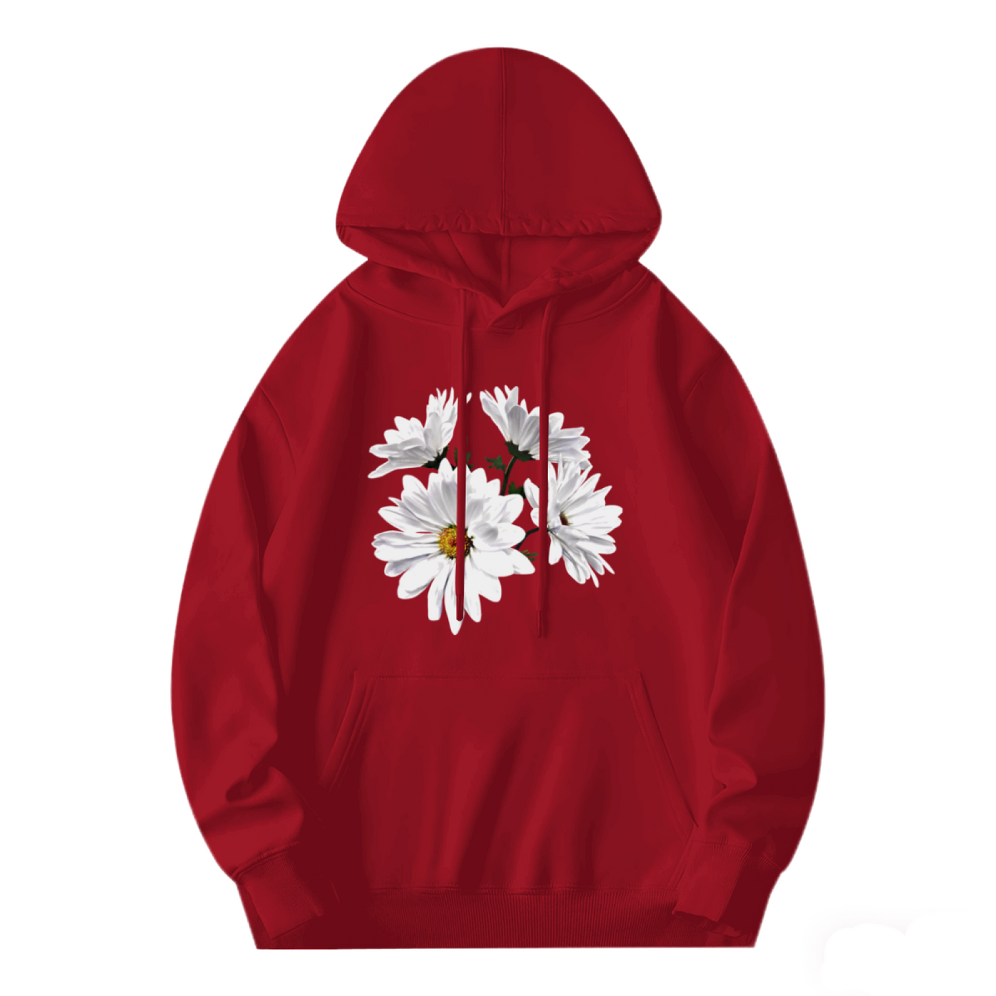 Fresh White Daisy Floral Red Hoodie, Unisex Soft Romantic Casual Sweatshirt